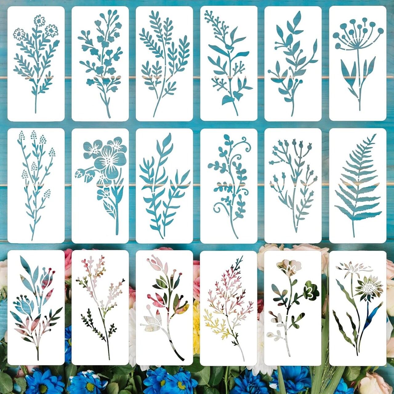 18PCS Floral & Leaf Painting Stencils Set – 6 x 3 Inch Reusable Botanical Templates for DIY Crafts, Wood, Wall Art, Canvas, Card Making & Home Decor